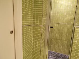 eine Dusche mit grünen gefliesten Wänden und einer Glastür in der Unterkunft Las Mimosas, La Cala de Mijas in La Cala de Mijas