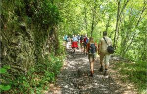 Un groupe de personnes marchant sur un sentier dans les bois dans l'établissement Fontanella 2, à Domodossola