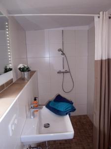 a bathroom with a shower and a sink at Lütt Logis in Grödersby in Grödersby