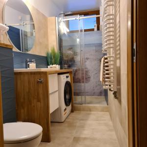 y baño con lavadora y ducha. en Apartament HEL, en Hel