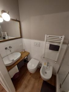 W łazience znajduje się umywalka, toaleta i lustro. w obiekcie St. Peter's Luxury Rooms w Rzymie