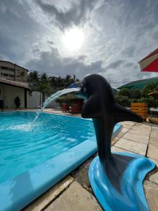 a dolphin statue sitting on a raft in a pool at Hostel flor do Caribe in Natal