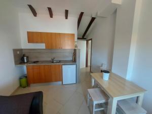a kitchen with a table and a sink and a counter at Apartments Božena in Pakoštane