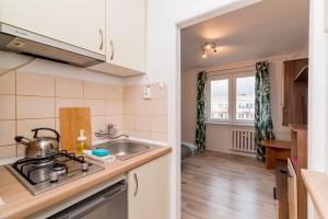 een keuken met een spoelbak en een fornuis bij Szopy 2 in Gdańsk