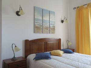 a bedroom with a bed with blue and yellow pillows at Casa do Quintalão in Raposeira