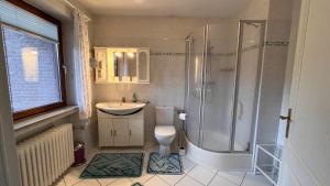 a bathroom with a shower and a toilet and a sink at Travemünde Kleine Perle in Lübeck
