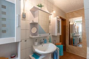 uma casa de banho com um lavatório e um espelho em Ferienwohnung Am Kreidebach em Sagard