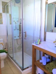 a bathroom with a shower and a toilet and a sink at Suite Marrakech Beach, La Graciosa. in Caleta de Sebo