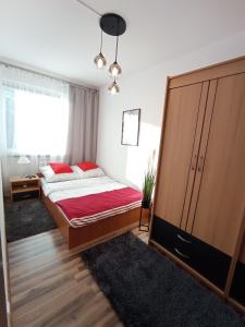 - une chambre avec un lit et une grande armoire dans l'établissement MK Apartament I, à Rzeszów