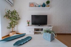 een woonkamer met een flatscreen-tv en planten bij Refúgio Villa Mar in Nazaré