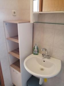a small bathroom with a sink and shelves at Apartments Stipanovic in Biograd na Moru