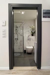 a bathroom with a glass shower and a toilet at Chrysalis 1 in Kos
