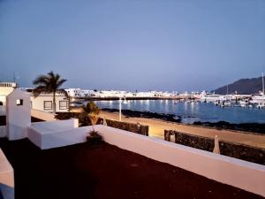 a view of a harbor with boats in the water at Suite Marrakech Beach, La Graciosa. in Caleta de Sebo