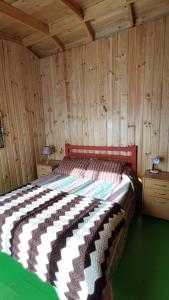 1 dormitorio con 1 cama en una pared de madera en Casa Atardecer Vichuquén, en Vichuquén