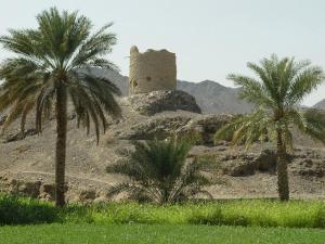 two palm trees and a castle in the desert at Jibreen Hotel in Bahlāʼ
