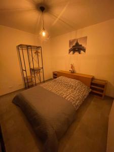 1 dormitorio con 1 cama y ventilador de techo en Appartement avec extérieur à proximité de Liège, en Herstal