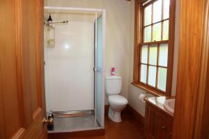 La salle de bains est pourvue de toilettes et d'une douche en verre. dans l'établissement Headlands Estate, à Whanganui