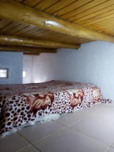 a bed in a room with a cheetah blanket at Cabaña en el lago in Trapiche