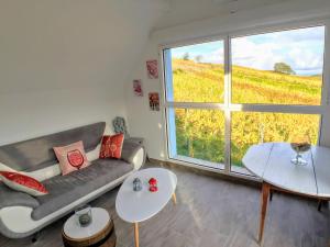 a living room with a couch and a large window at Domaine BOHN Red Winehouse in Reichsfeld