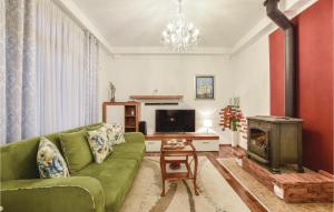 a living room with a green couch and a fireplace at Awesome Home In Srinjine With 3 Bedrooms, Wifi And Outdoor Swimming Pool in Srinjine