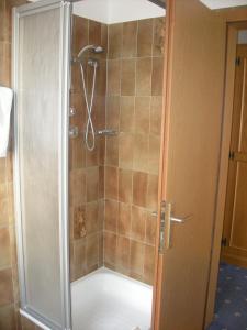 um chuveiro com uma porta de vidro na casa de banho em Garni Hotel Rezia em Selva di Val Gardena