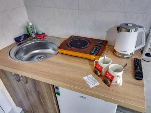 a kitchen counter with a sink and a microwave at YourHouse на Толе би Весновка in Almaty