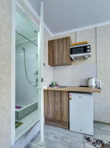 a kitchen with a microwave and a refrigerator at YourHouse на Толе би Весновка in Almaty