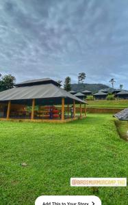 a building with a roof on a field of grass at Birds Murmur Camp, Thattekkad in Cochin +5 photos