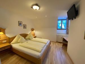 um quarto com uma cama, uma secretária e uma televisão em Hotel Lobmeyer em Roding