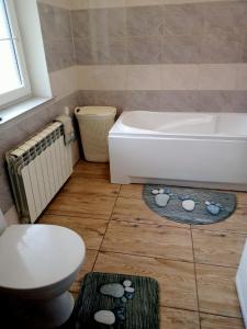 a bathroom with a toilet and a bath tub at Domek letniskowy w lesie 6 -7 osób in Wydminy