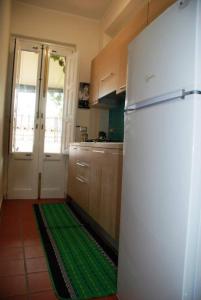 a kitchen with a white refrigerator and a green rug at Casa Galatea Etna nord via Bellini 141 Milo in Milo