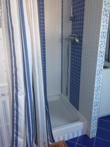 eine Dusche im Bad mit Duschvorhang in der Unterkunft Belle vue sur mer in Saint-Michel-en-Grève