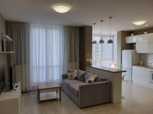 Una sala de estar con un sofá y una cocina. en Best Apartment Shevchenka 80, en Leópolis