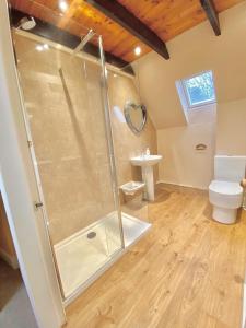 a bathroom with a shower and a toilet at The Old Vicarage in Berwick-Upon-Tweed