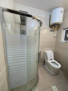 a bathroom with a shower and a toilet at Oqdeh studio in Jerash +22 photos
