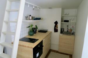 - une petite cuisine avec une échelle et un comptoir dans l'établissement Kompakti Asunto Helsingin Sydämessä, à Helsinki