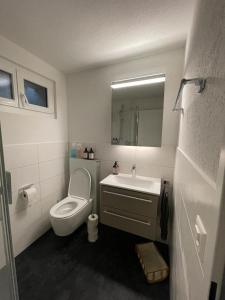 a white bathroom with a toilet and a sink at Studio Gocki in Zürich