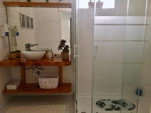 a bathroom with a shower and a sink at Alo Baía São Lourenço in Santa Bárbara