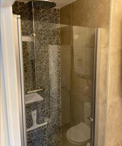 y baño con ducha de cristal y aseo. en Crèmebol, en Nieuwpoort