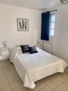 a bedroom with a large white bed with blue curtains at Gites des Lavandières in Cour-Cheverny