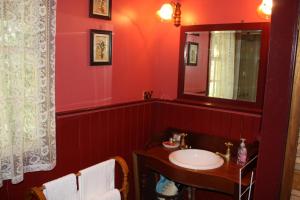 
a bathroom with a sink and a mirror at Westbury Gingerbread Cottages in Westbury

