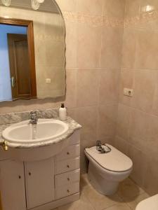 a bathroom with a sink and a toilet and a mirror at BentaBerri2 in Añorga-Lugariz