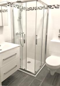 uma casa de banho com um chuveiro e um WC. em Kappeberg Lodge em Winterberg