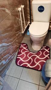 ein Badezimmer mit einem WC und einem Teppich auf dem Boden in der Unterkunft Уютные апартаменты в историческом центре in Aqtöbe