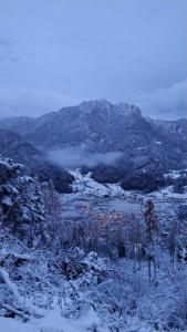フィエーラ・ディ・プリミエーロにあるBaita Zeni Tirolerhof - Adult friendlyの遠方の町を雪に覆われた山