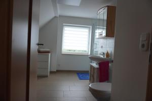 La salle de bains est pourvue de toilettes, d'un lavabo et d'une fenêtre. dans l'établissement König Ferienhaus, à Königsbrück