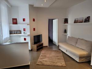 uma sala de estar com um sofá e uma televisão em Lovely Apartment with free parking em Kecskemét