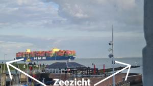 een groot containerschip in het water bij Rijksmonument Havenzicht, met zeezicht, ligging direct aan zee en centrum in Vlissingen