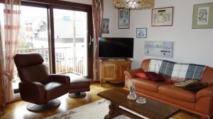 ein Wohnzimmer mit einem Sofa, einem TV und einem Stuhl in der Unterkunft Les Naïades in Gérardmer