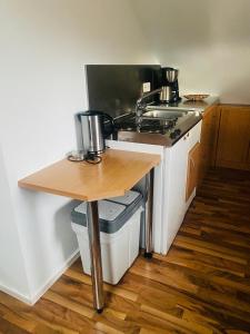 uma cozinha com um fogão, um lavatório e uma mesa em Gästehaus Birkenweg em Speyer